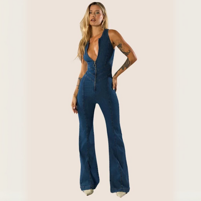 Plunge Flare Denim Jumpsuit – Vintage-Inspired Fashion with Modern Fit