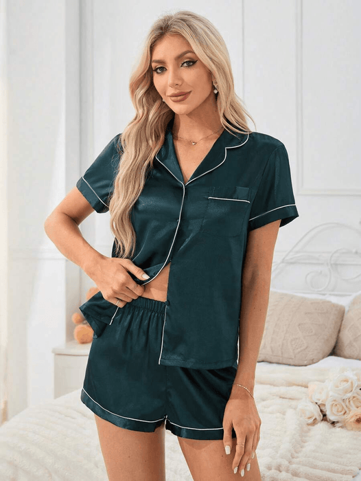 Contrast Button Up Pajamas – Soft Satin Sleepwear for Comfort