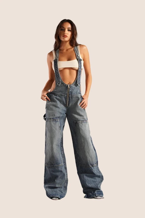 Camouflage Plunge Denim Overalls - Stylish & Durable Outdoor Wear
