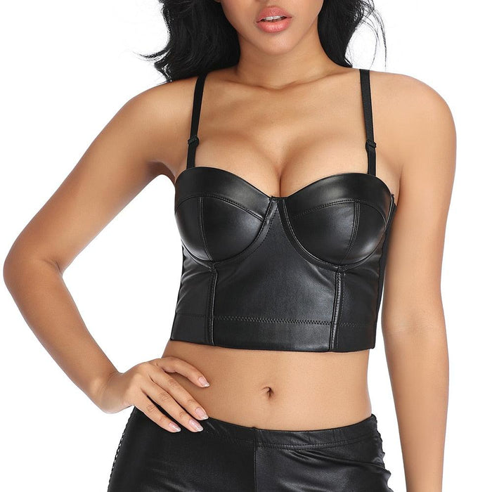 Women's Corset Black PU Leather Crop Top