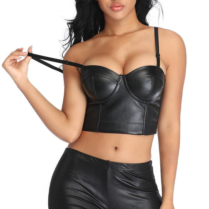 Women's Corset Black PU Leather Crop Top