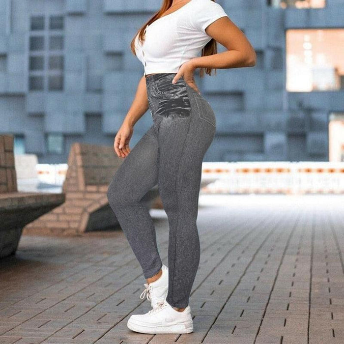 Denim Print Compression Leggings – Stylish Look with Stretch Fabric