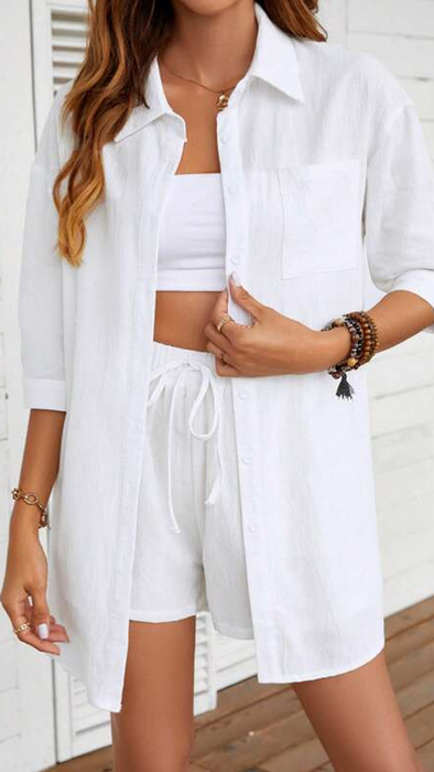 Button Up High Low Hem Shirt With Shorts