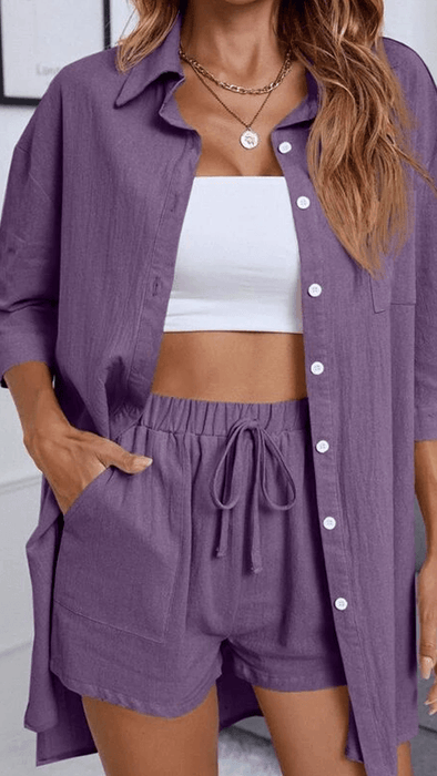 Button Up High Low Hem Shirt With Shorts